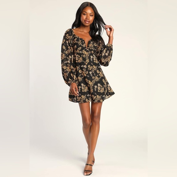 Lulu's Dressed Up Darling Black Gold Floral Balloon Sleeve Mini Dres Long Sleeve - Picture 3 of 15